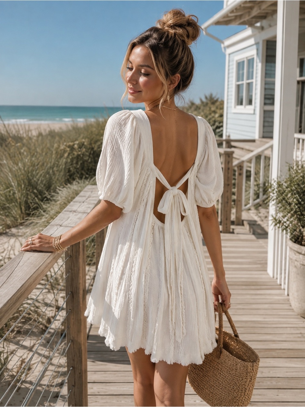 Impressions White Cotton Gauze Boho Tie Back Mini Dress Size L Cottagecore
